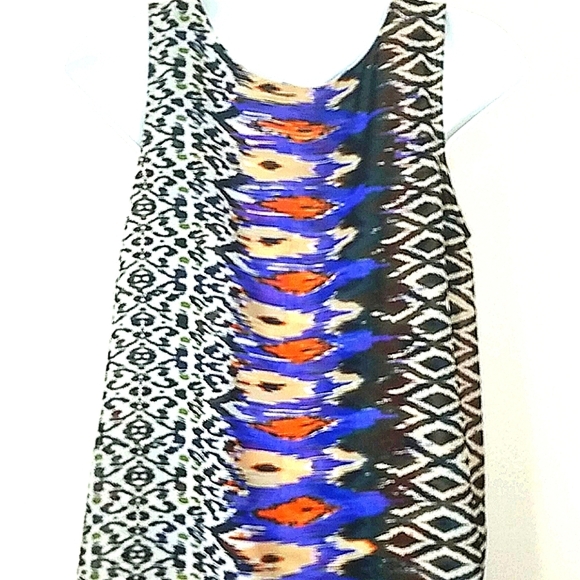 Sun Dress Sheath chiffon tribal geometric print overlay midi stretch sleeveless - Picture 5 of 11